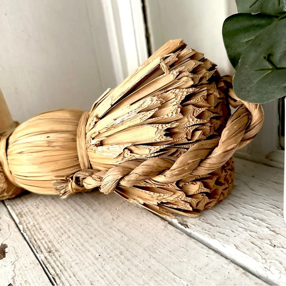 Cat Carved Wood Face Straw Husk Reed Body Decoy Figure 12” Home Decor Rustic Vtg